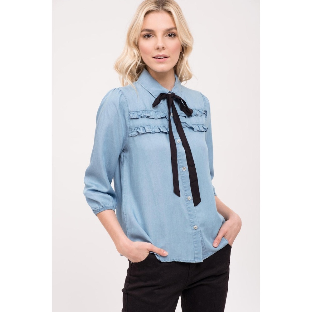 Button Up Top 3/4 Sleeve Ribbon Tie With Ruffles - Picture 4 of 7